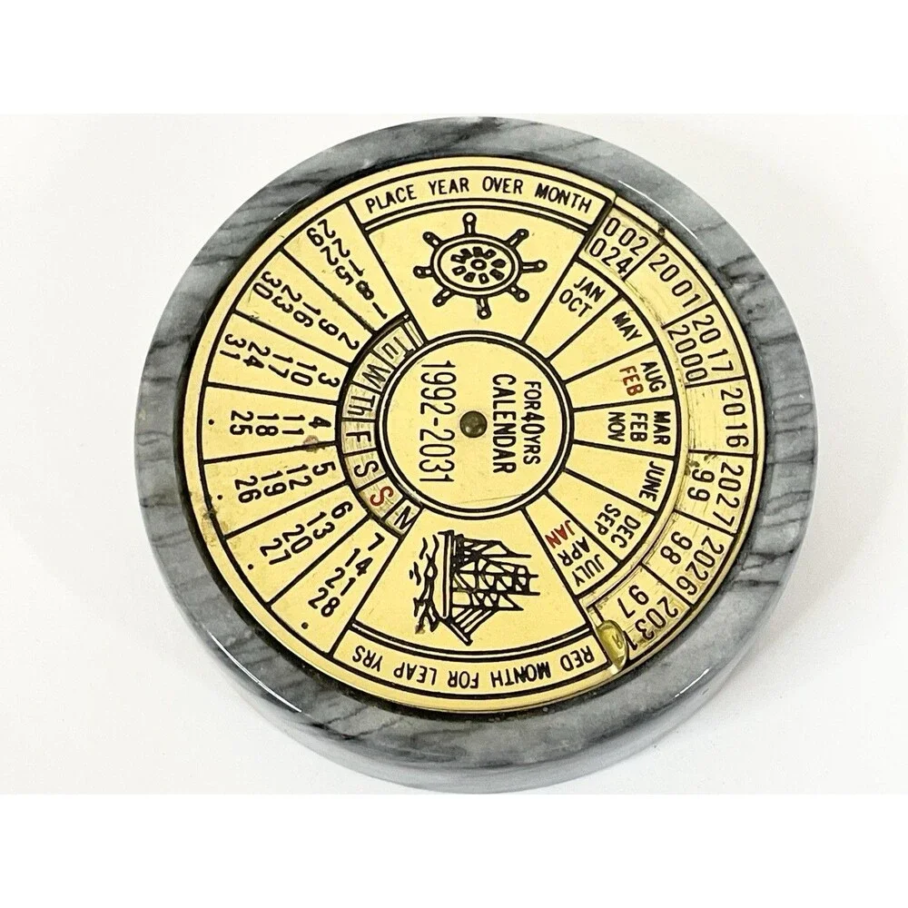 40 Year Perpetual Desk Calendar 1992-2031 Brass & Marble Paperweight Nautical